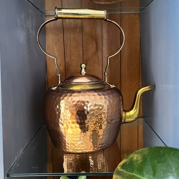 Vintage Other - Antique hand-Hammered Copper Tea Kettle pot coffee brass details Gooseneck CLEAN